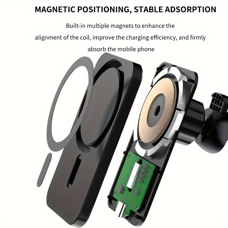 15W Универсальный Быстрозарядный Магнитный Беспроводной Держатель Для Телефона В Автомобиле для iPhone 12-16 с сильным всасыванием и установкой в один касание на воздуховод автомобиля.