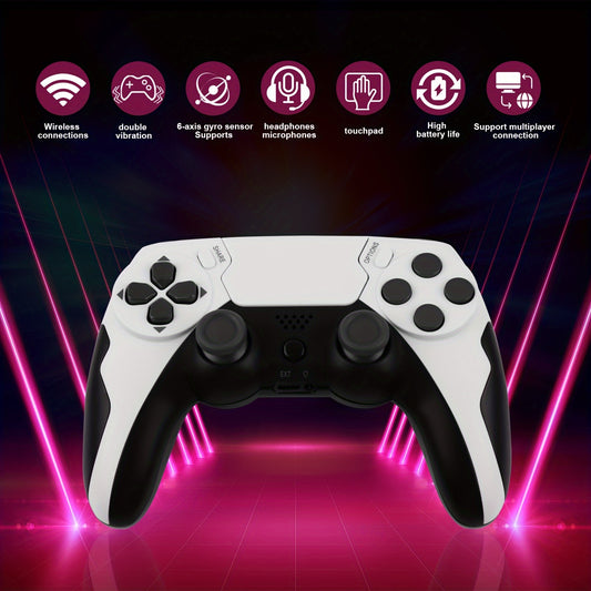 Wireless game controller with long battery life, touchpad, gyroscope, vibration, and headphone jack. Compatible with multiple devices.