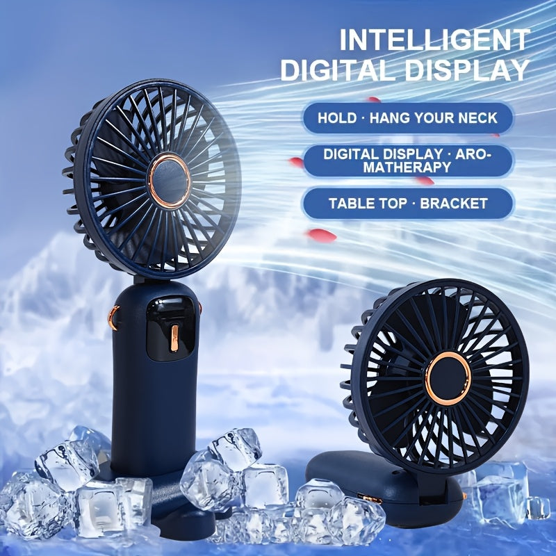 Stay cool on-the-go with the Sleek Portable Mini Fan featuring LED Display. This 5-speed adjustable fan is USB rechargeable and foldable for easy storage. With a 1200mAh battery, it's perfect for use on your desk, in the office, bedroom, or while