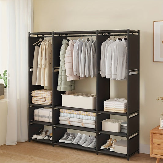 Large black metal clothes rack featuring three rows of hooks for easy organization. Simple assembly and freestanding design make it perfect for the bedroom, entryway, or boutique. Made of durable iron, this garment organizer boasts nine shelves for