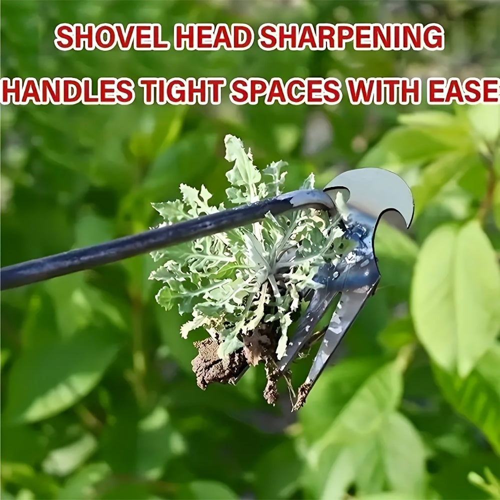 Durable stainless steel garden weeding rake and shovel with rust-resistant coating for versatile gardening use.