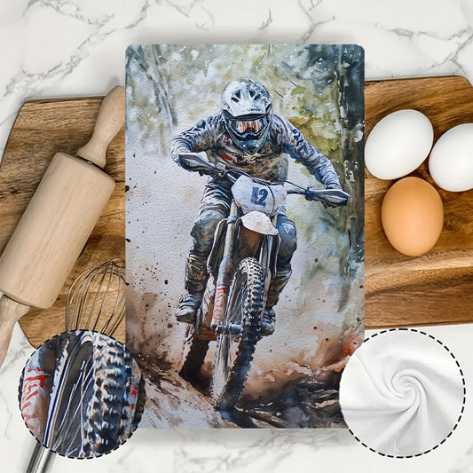 Set of 2 Ultra Soft Kitchen Towels with Enduro Bike Rider Design, Super Absorbent & Easy to Clean Dish Hand Towels, 40.64x60.96 cm - Ideal for Holiday Decor and Daily Use, Kitchen Towels