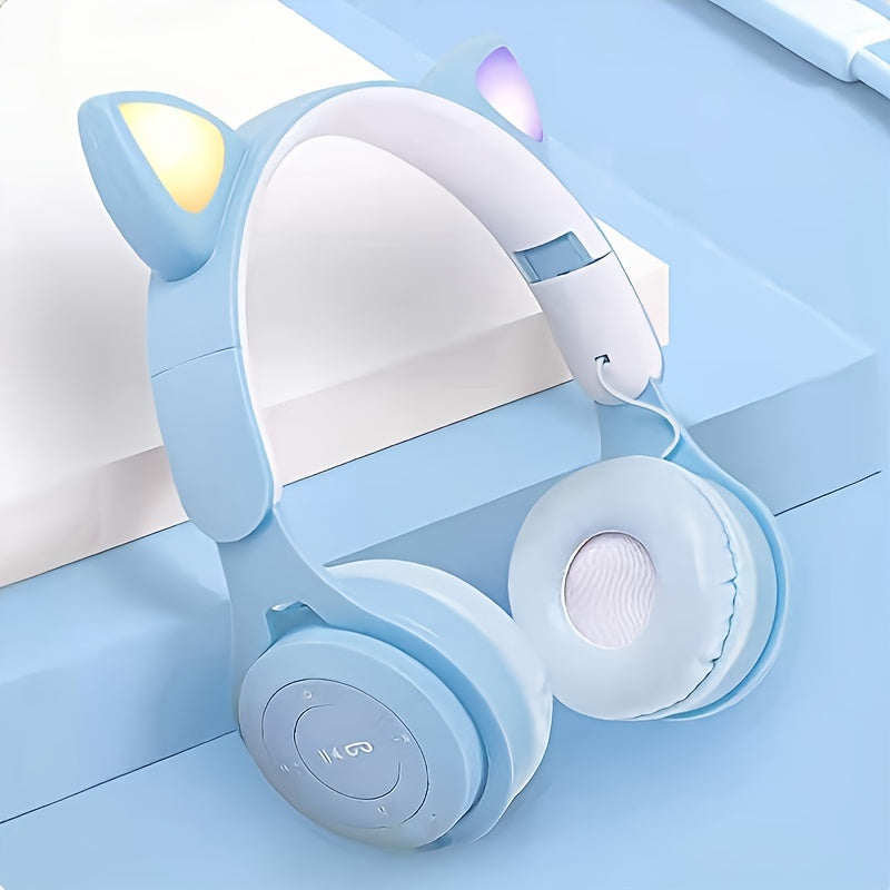 Wireless headset with foldable, luminous cat ears and colorful LED lights, perfect gift for birthdays, travel, and everyday use on tablets, computers, TVs, and cellphones.