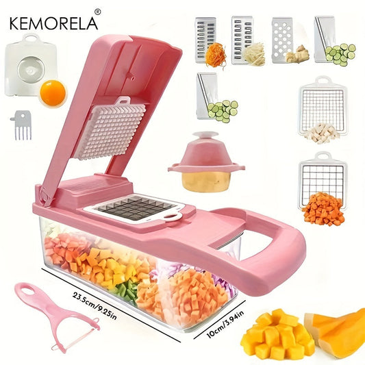 KEMORELA 16 in 1 Vegetable Chopper - Versatile Manual Food Slicer with Stainless Steel Blades and Interchangeable Grater Inserts - Plastic Mandoline Cutter for Fruits and Onions - Essential Kitchen Gadget with Storage Container