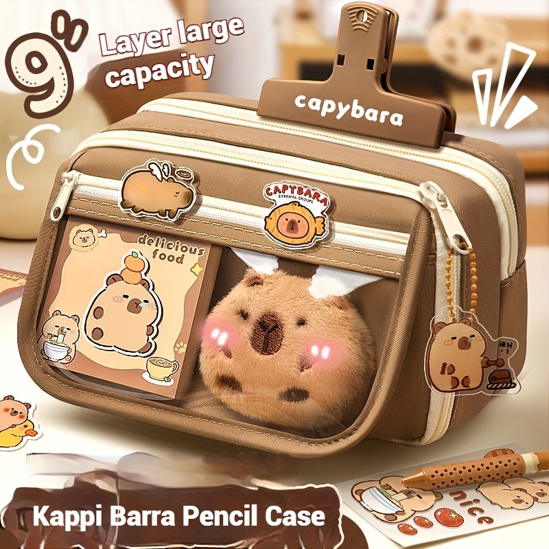 6-piece Capybara pencil case set with zipper, includes canvas bag, transparent storage box with compartment, doll, stickers, clips, and notepad.