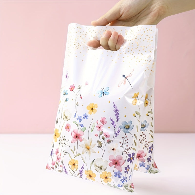 10/25/50pcs of Wildflowers Theme Plastic Gift Bags with Leaf and Flower Design - Punch Hole Handle, ideal for Mother's Day, Weddings, Birthdays.