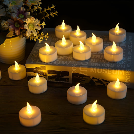 24pcs Battery-Powered LED Tea Lights in Warm Yellow, Flickering Faux Candles for Parties, Halloween & Christmas Decoration, No Fire - LED Tea Candles