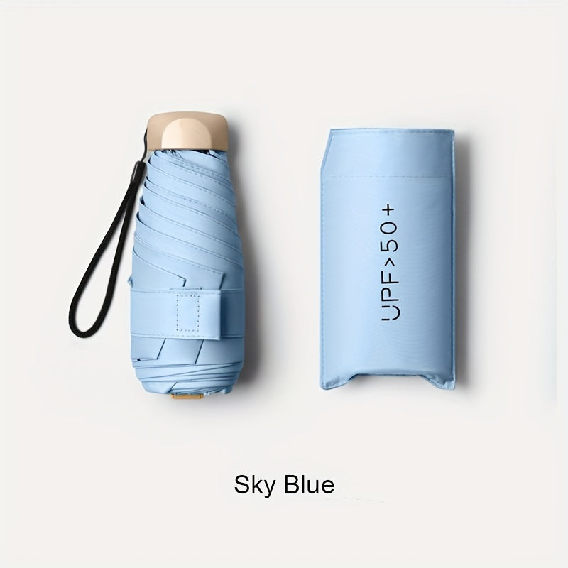 Mini folding umbrella with 6 ribs and durable aluminum alloy handle/frame, manual open/close, stylish and portable, suitable for sun and rain. Available in pink, blue, white, and gray. Cute