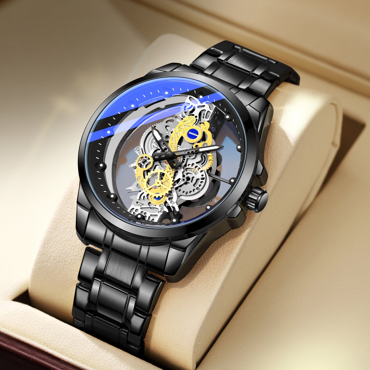 TPW Men's Fashion Steel Band Watch with Luminous Openwork Sheer Bottom - Ideal Men's Gift