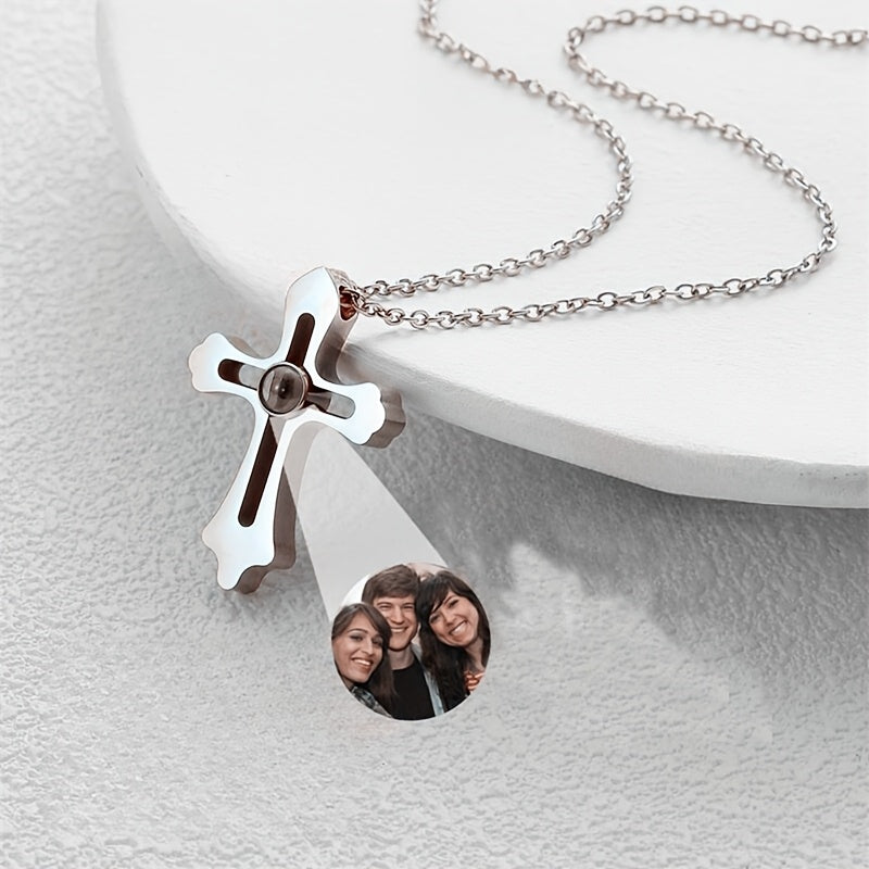 Get a Personalized Picture Engraved on Stainless Steel Cross Pendant Necklace: Elegant Jewelry for Women, Perfect for Daily Wear & Mother's Day Gift, All-Season Holiday Favorite