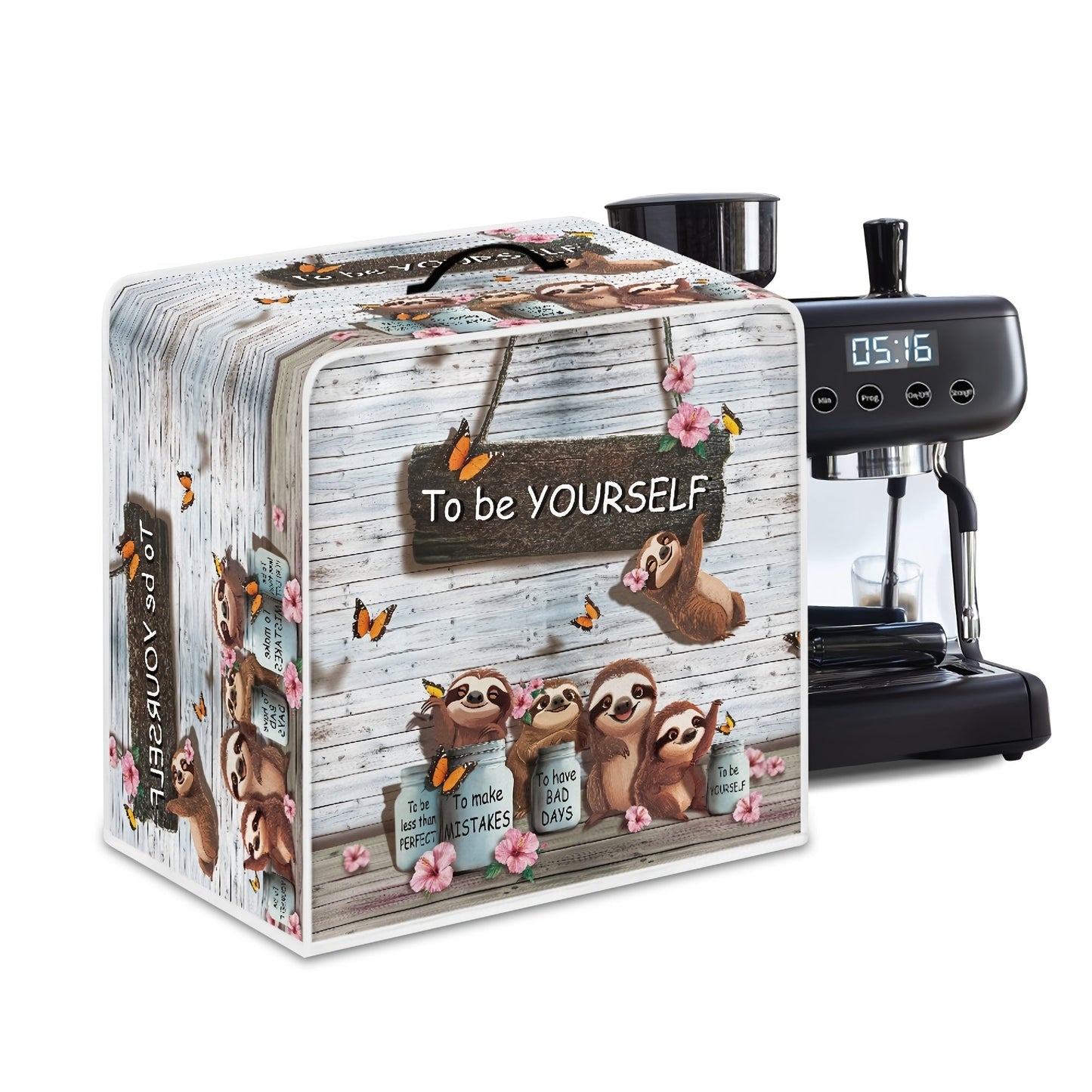 Washable Coffee Machine Cover with Sloth & Butterfly Design, Soft Fabric Dust Protector for Small Kitchen Appliances, Palm Leaves & Floral Pattern, Includes Handle for Easy Use, Food-Safe Material, Compatible with Non-Electric Models