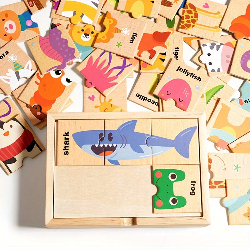 Colorful wooden animal puzzle toys teach children shapes and colors, making them a perfect gift.