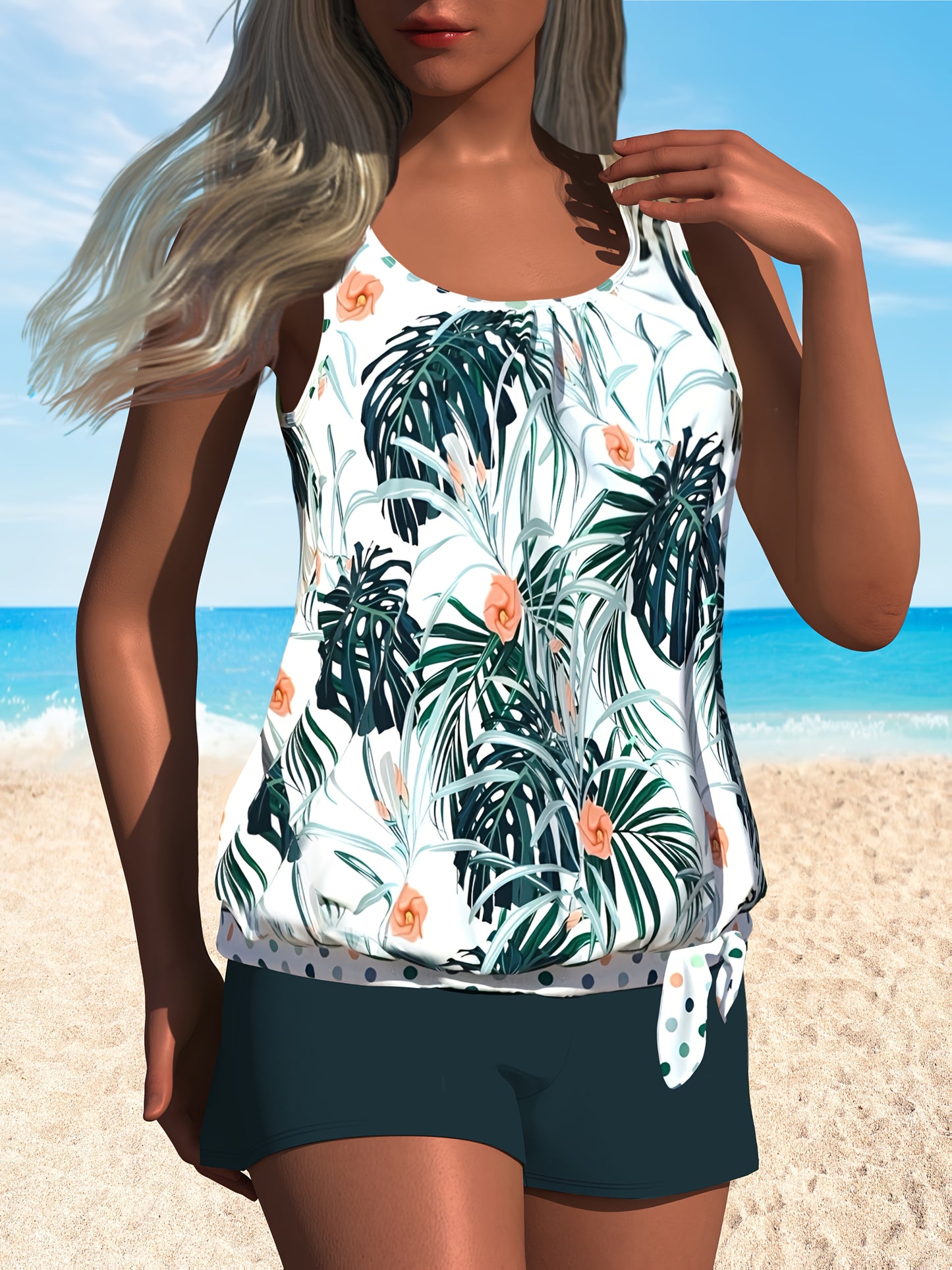 Tropical print tankini set with scoop neck and knot side top, paired with matching shorts. Perfect for women's swimwear.