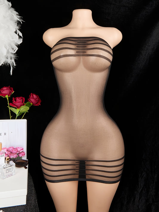 Striped sheer bodysuit with tube top, short skirt, and see-through material. Teddy lingerie set for adults.