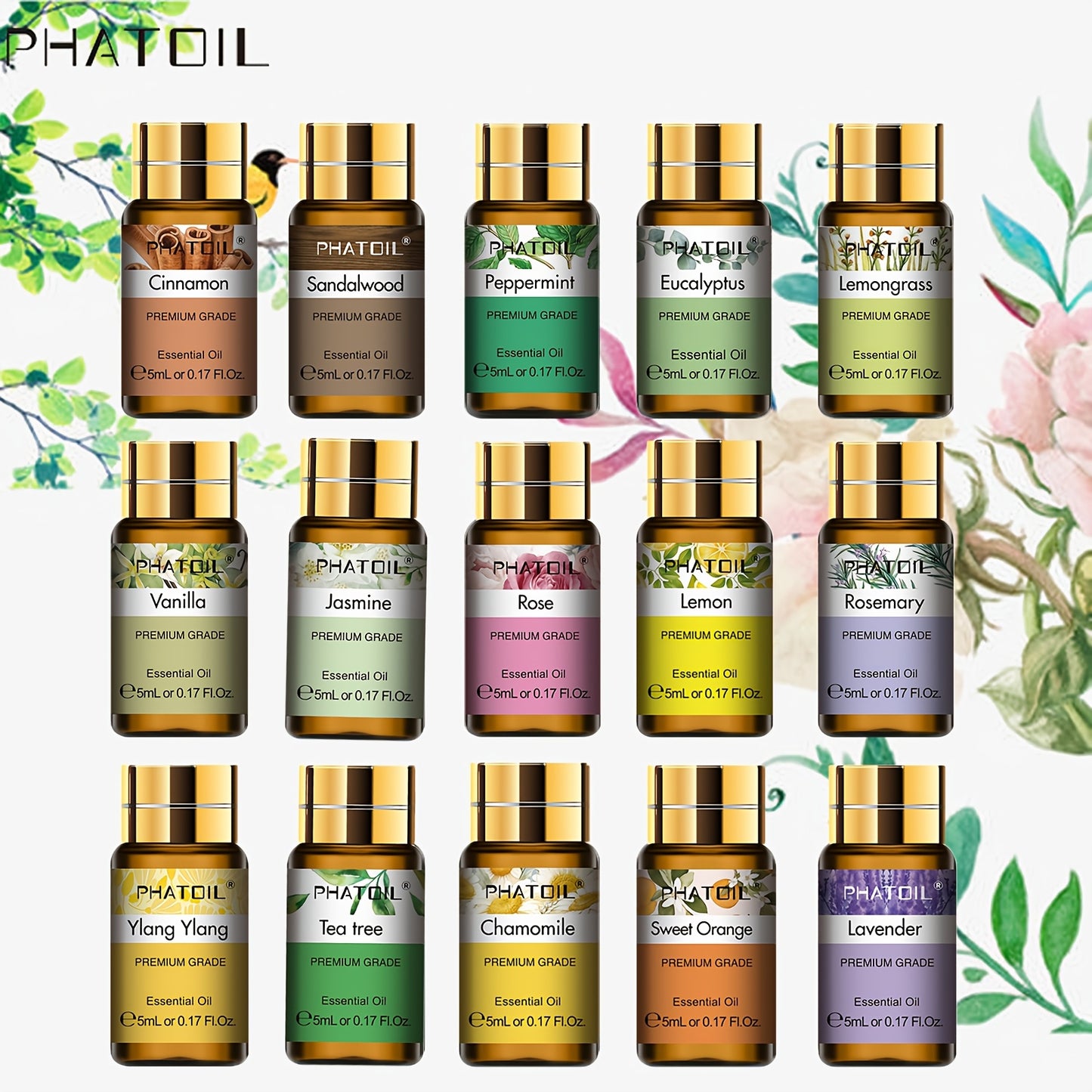 15-piece PHATOIL Essential Oil Set with mood-lifting properties in liquid format under 1L capacity, single blend varieties with no side effects.