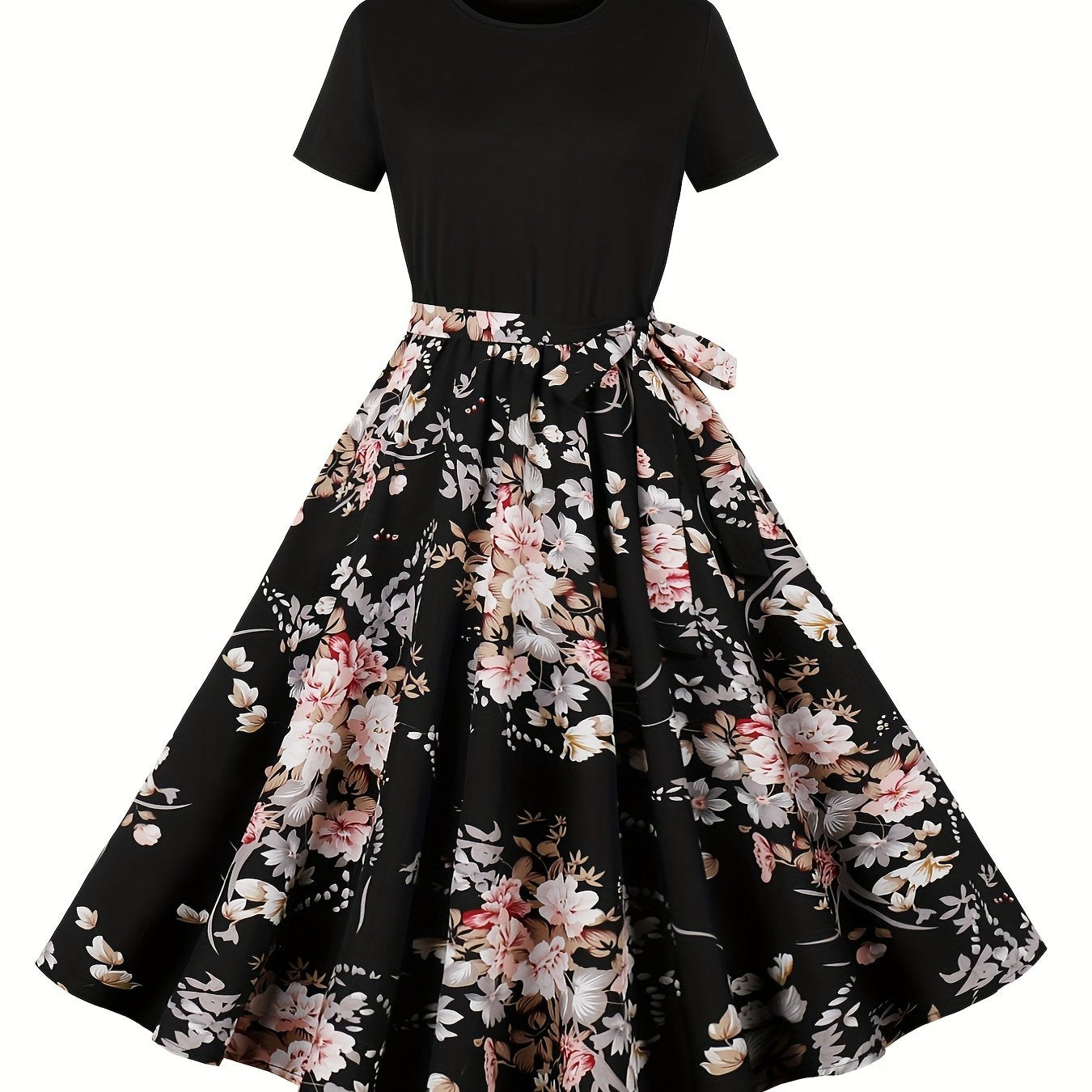 Floral print crew neck dress, perfect for spring and summer with elegant short sleeves and belt.