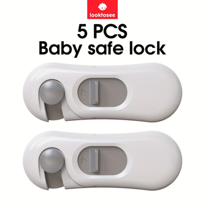 Top Choice: 5-Pack Child Safety Locks - Secure Cabinet, Drawer, Refrigerator, and Oven with Sturdy Adhesive Tape, No Need for Drilling, Simple to Remove, Made with BPA-Free Gray Plastic, Anti-Pinch Feature, Door Lock Included