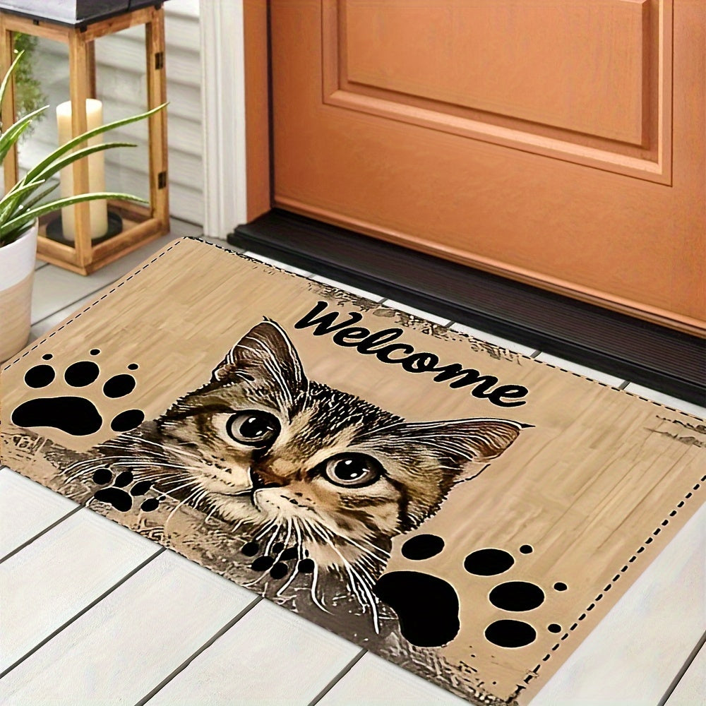 Charming Cat Design Welcome Mat - Durable, Grip-Enhancing, Easy-Clean Polyester Rug for Living Room, Bedroom, or Game Area