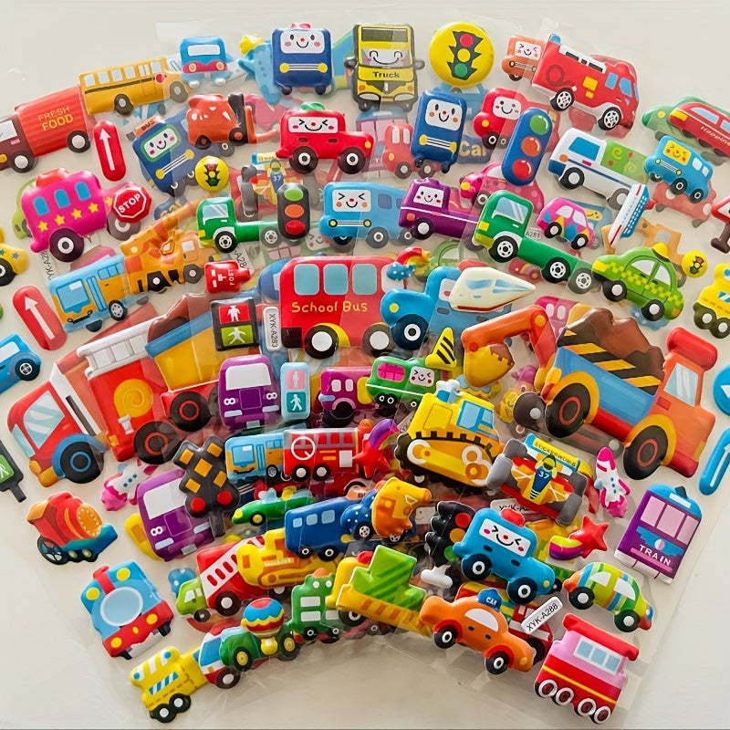 Set of 8 cartoon vehicle stickers featuring 3D Stereoscopic Cars, Fire Trucks, and Excavators. Fun and educational reward stickers in mixed colors, self-adhesive plastic.