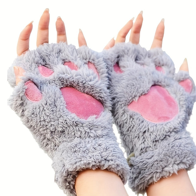 Soft and thickened half-finger winter gloves featuring cute cartoon cat paw design, ideal for keeping your hands warm and cozy. These touchscreen gloves are perfect for adding a touch of fun to your winter wardrobe.