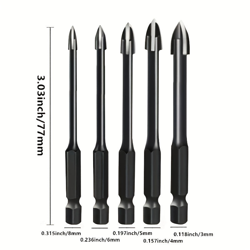 5pcs hexagonal shank cross reaming triangular drill bits for glass, ceramic, woodworking, and electric tools, with hard alloy accessory in 3/4/5/6/8mm sizes.