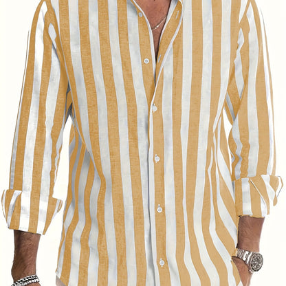 Men's casual striped long sleeve button-up shirt in white & brown vertical stripes. Made from a cotton linen blend, lightweight & breathable. Ideal for beach vacations, date nights, or as a