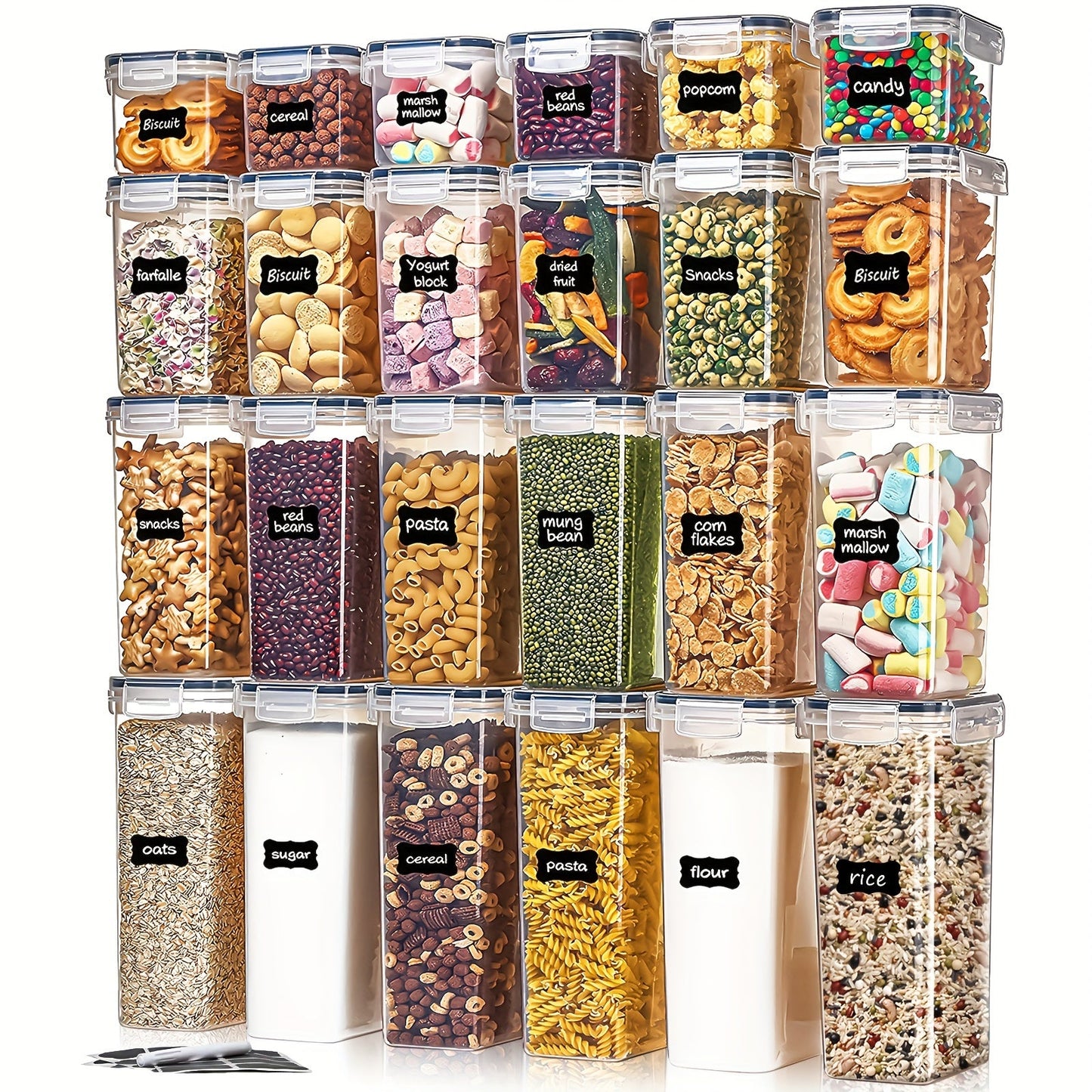 24 pieces of airtight food storage containers complete with lids are perfect for organizing your pantry and kitchen. Made of durable plastic, these canisters are ideal for storing cereal, dry food, flour, and sugar. They are BPA free and come with labels