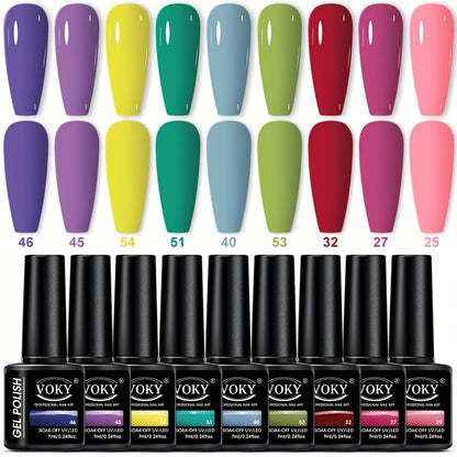 9-bottle gel nail polish set, 0.24 oz each, UV LED long-lasting, alcohol-free, hypoallergenic, formaldehyde-free, liquid form, DIY nail art starter kit.