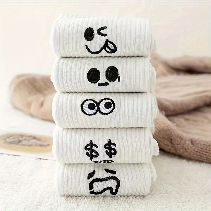 5 pairs of ribbed socks with funny face prints, soft and comfortable for both men and women.