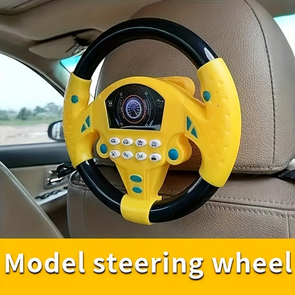 Children's driving simulator steering wheel toy with suction cups, educational interactive car wheel made of plastic. Multi-functional with sound effects in pink and yellow, perfect gift