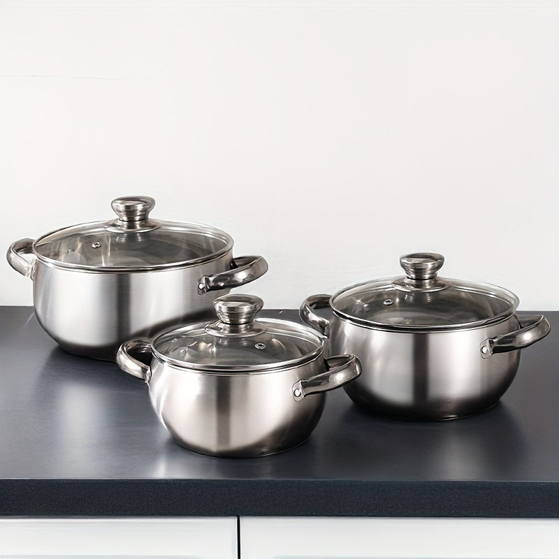 7-Piece Induction Compatible Stainless Steel Cookware Set with Glass Lids, Ergonomic Handles, Includes 3 Stockpots, Ladle, Ideal for Soup, Stew, and Cooking. Dishwasher Safe and Comes with a Bonus Essential Kitchen Gift.