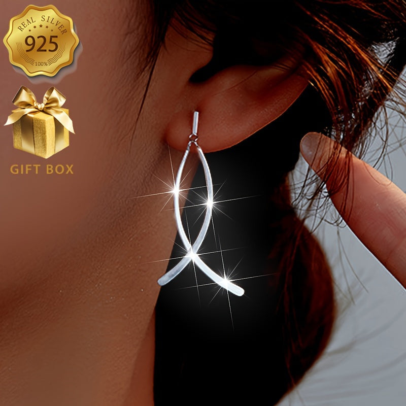 925 Sterling Silver Long Dangle Earrings, Elegant Hypoallergenic Design with Stylish Cross Pattern, Comes in Gift Box