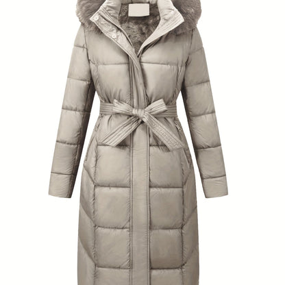 Elegant women's midi winter coat with faux fur hood and belt detail made of polyester. Features long sleeves and a solid color design. Non-waterproof outerwear.