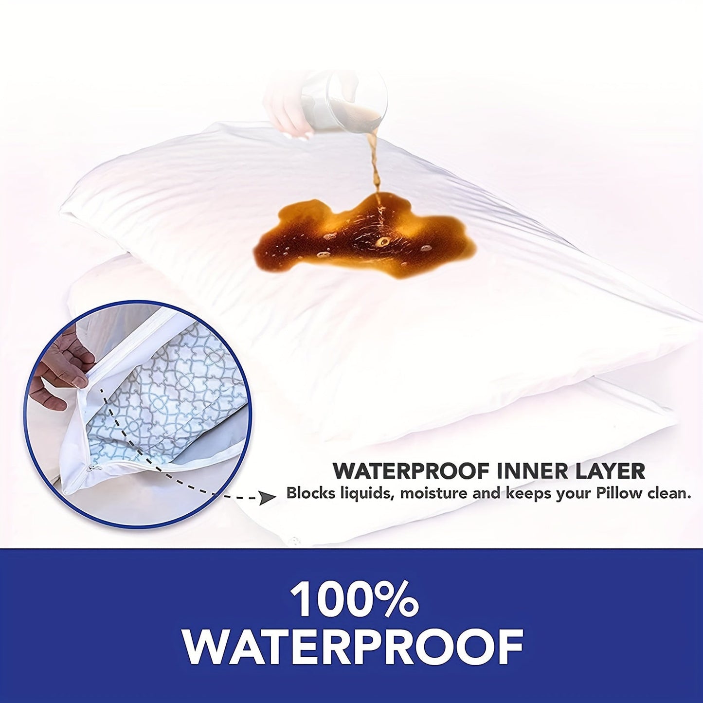 This pillow protector cover is made of 100% polyester knitted fabric that is waterproof and ultra-soft. The thick white pillowcase is breathable and machine washable with a zipper closure. It is water-resistant and features active printing, weighing 110g