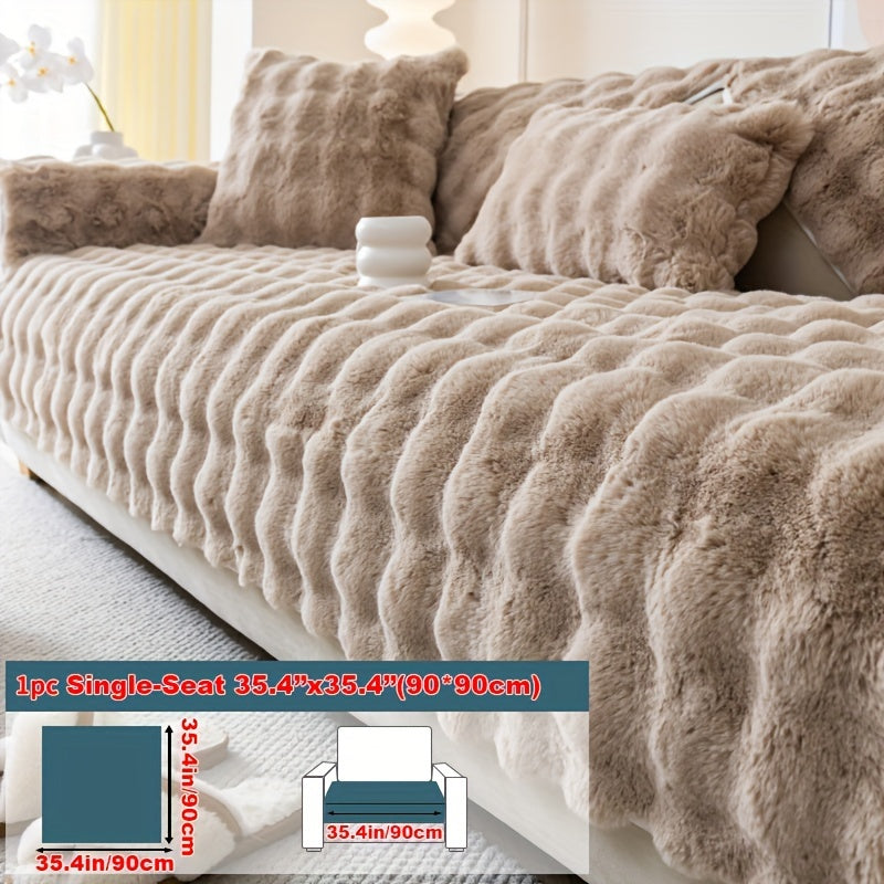 Winter plush faux fur sofa cover for pet-friendly non-slip protection, suitable for sofas up to 4 seats. Machine-washable polyester slipcover for home and office decor, making a cozy Christmas gift.