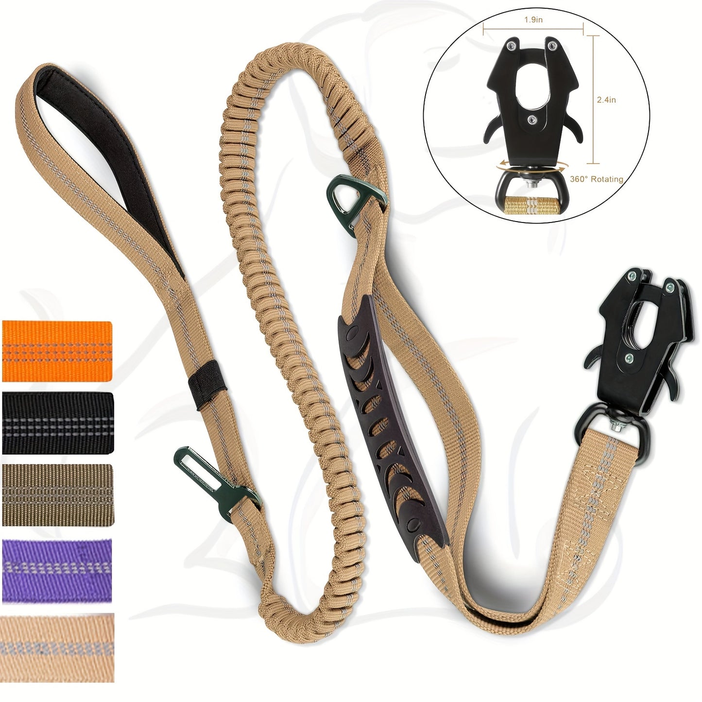 Durable tactical bungee dog leash with quick release carabiner, reflective design, and car seatbelt attachment for medium to large dogs in khaki, black, army green, and orange.