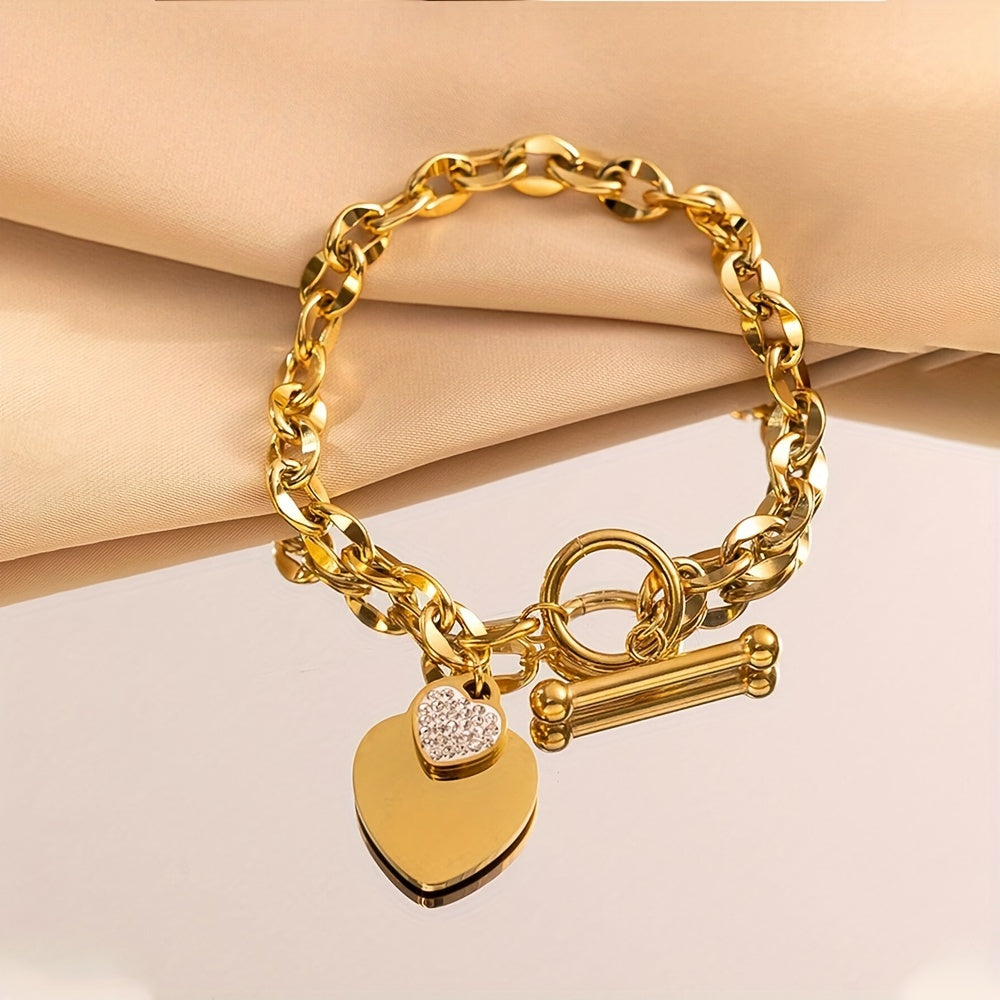 Elegant titanium steel love heart bracelet with cubic zirconia, ideal for casual wear.