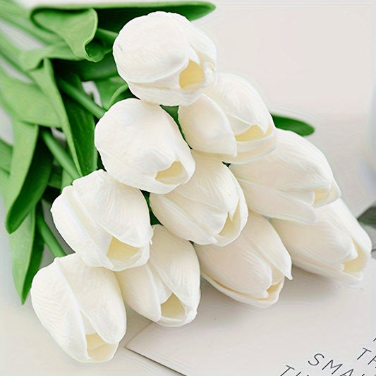 5 lifelike white tulip artificial flowers with real touch feel, perfect for spring decor, weddings, and home office centerpieces. No batteries needed.