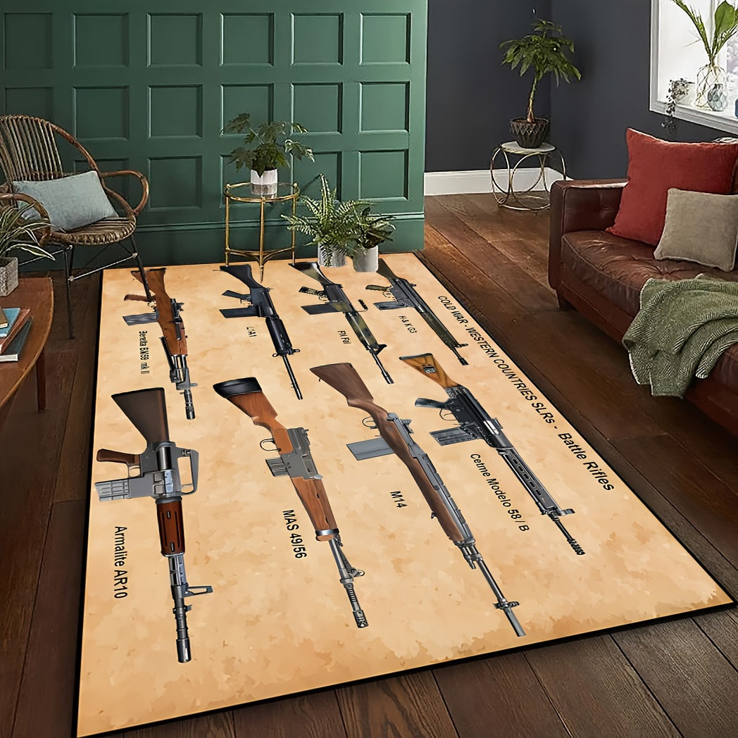 Military-themed polyester fiber carpet featuring various gun patterns, designed for use in the bathroom, living room, bedroom, or restaurant. Resistant to dirt, machine washable, and non-slip for added convenience.