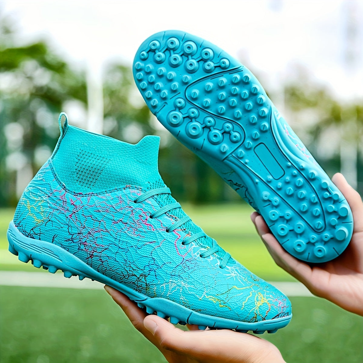 Men's turf soccer cleats with rubber sole and fabric inner material for artificial grass fields.