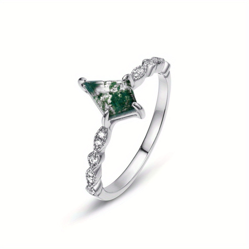 925 Silver Ring with Green Moss Agate Stone for Women, featuring a 6*9mm stone with Water Grass Agate. This European and American light luxury finger ring is gold-plated and weighs 1.49g.