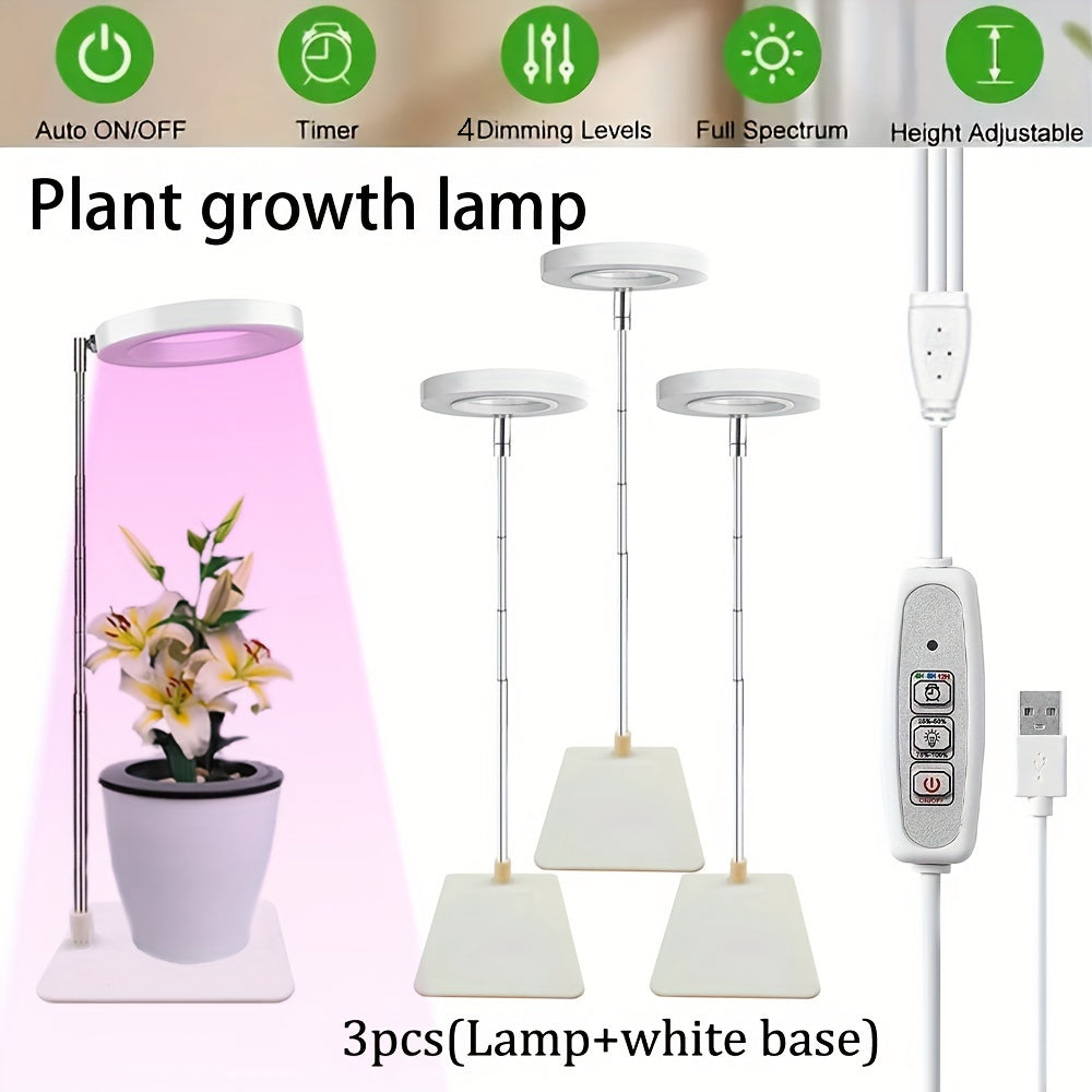 3 LED grow lights with stand, full spectrum, adjustable height, auto timer (2/4/8H), 4 brightness levels for small plants & home decor.