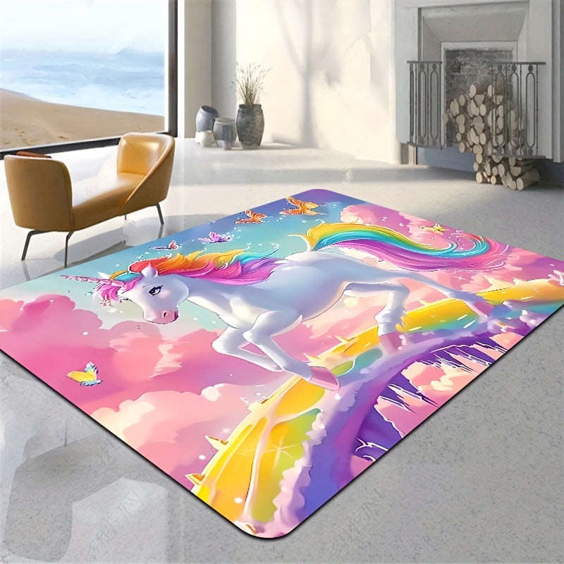 Add a touch of whimsy to your space with the Whimsy Woods Unicorn Area Mat. Made from durable 8mm thick polyester, this cartoon fantasy horse mat is perfect for the bedroom, living room, or entryway. It is machine washable and features a cute unicorn