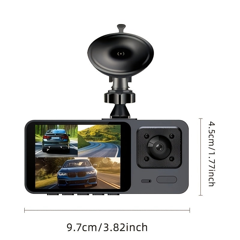 3-Channel Driving Recorder with FHD1080P, Ultra Wide Angle Reverse Vision, Real-Time Recording, Black Box, HD Night Vision, G Sensor, Loop Recording.