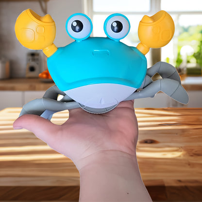 Improved Crawling Crab Toy for Babies with LED light, music, speed control to help babies learn to crawl and walk silently with a round, burr-free design, USB-C compatible as a birthday