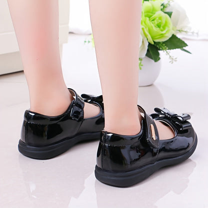 Women's Retro Preppy Style Flats with Hook-and-loop Fastener Closure, Glossy Black Mary Jane Shoes for Weddings, Parties, and School Events.