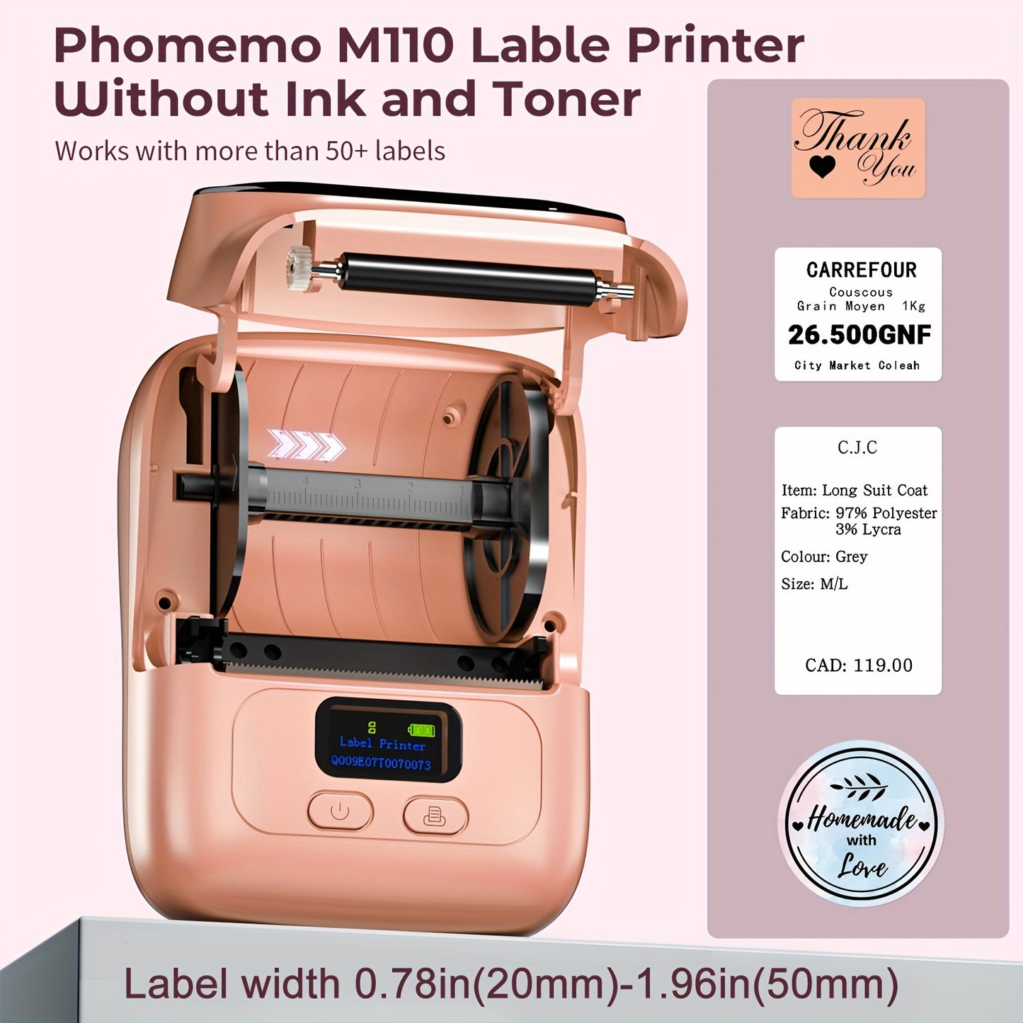 The Phomemo M110 Label Maker is a portable thermal printer compatible with Android, IOS, Windows & Mac, great for product, address, small business, sticker, home, or DIY labeling. It comes