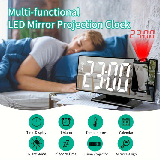 Multifunctional digital alarm clock with mirror projection, temperature display, and calendar function, suitable for home or office décor.