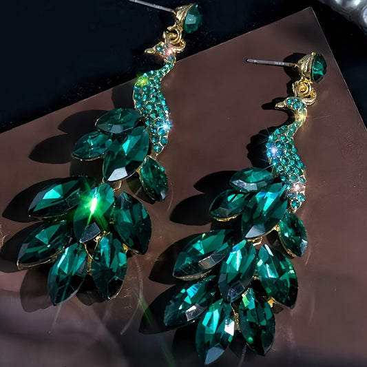 Stylish and Adorable Peacock Crystal Drop Earrings, Featuring 18K Gold Plated Alloy with Sparkling Rhinestones and 925 Silver Ear Studs, in Green and Red. Perfect for Any Season, this Fashion Jewelry is a Must-Have for Women.