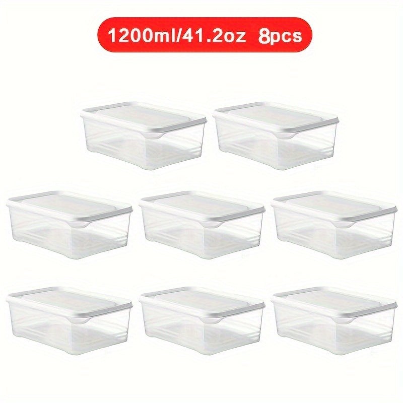 Set of eight leak-proof food storage containers with flip-top lids, each holding 1200ml. Made of durable polypropylene, these containers are multipurpose, reusable, and microwave safe. Transparent design for easy meal prep and refrigerator organization.